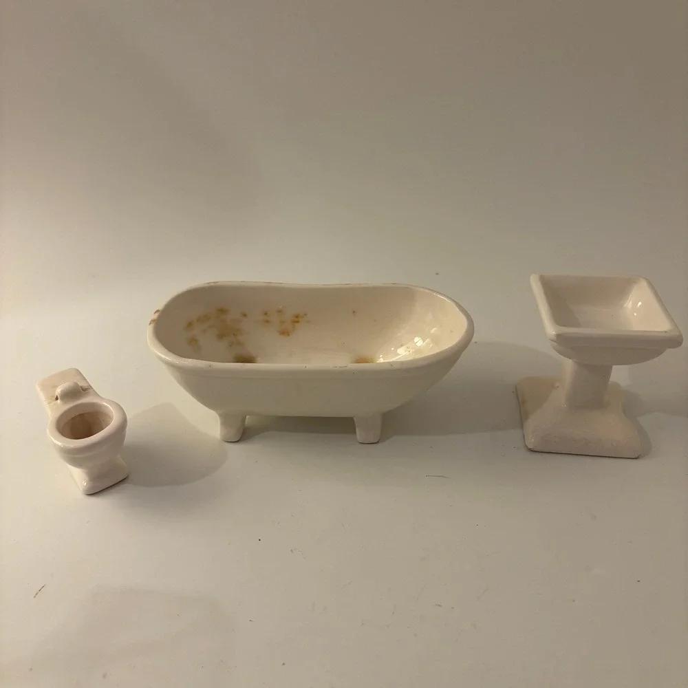 VTG Japan Porcelain Ceramic Dollhouse Miniature Bathroom Tub Sink Toilet Lot